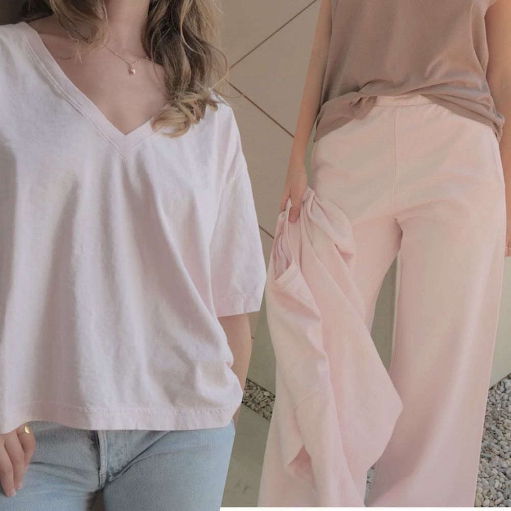 Laszlo Baby Pale Pink Wide Leg Pants and V-neck Tee Lounge Set Large
